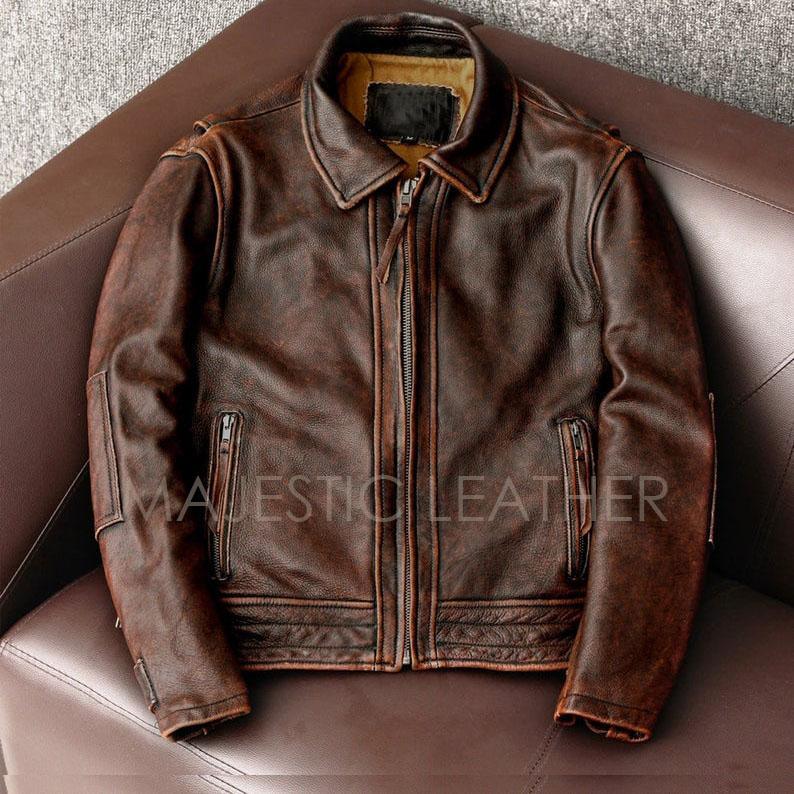 Mens Biker Vintage Motorcycle Distressed Cafe Racer Real popular Leather Jacket