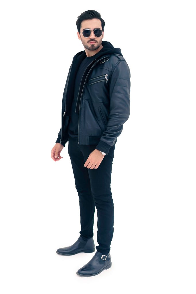 New Men's Genuine Real Leather Black Bomber Winter Hooded Jacket