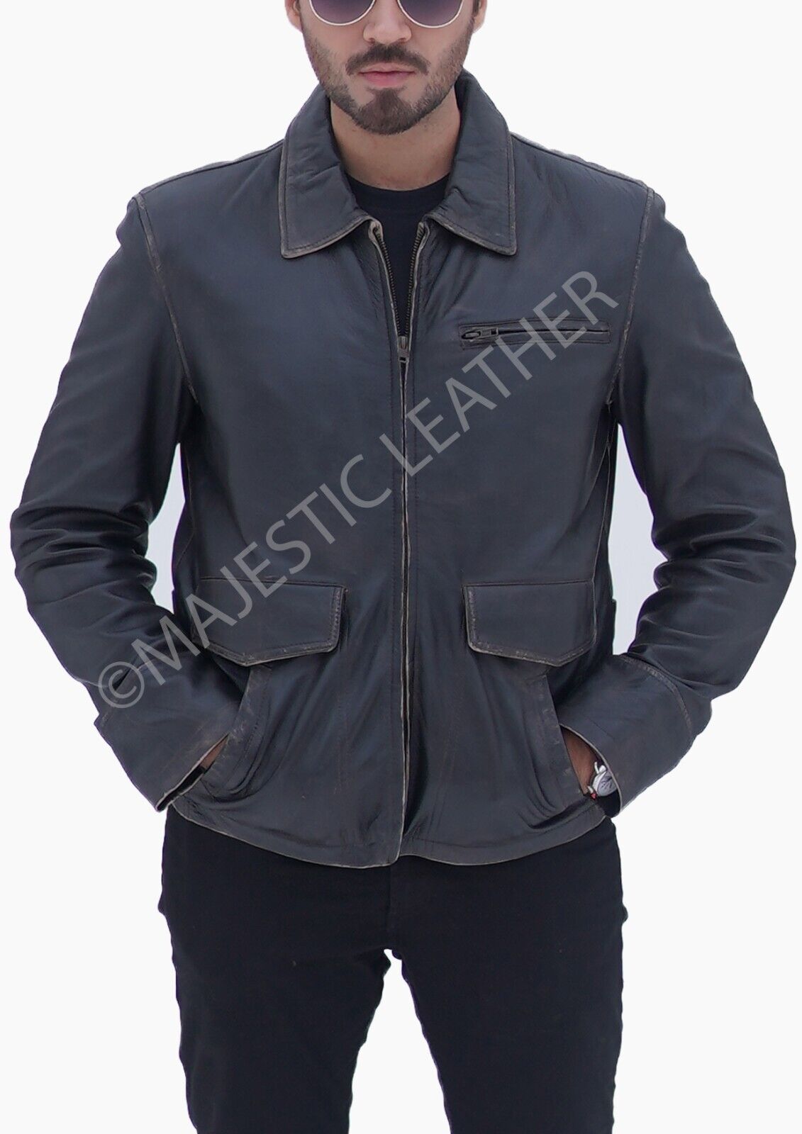 Aviator Distress Black Grey Real Leather Jacket