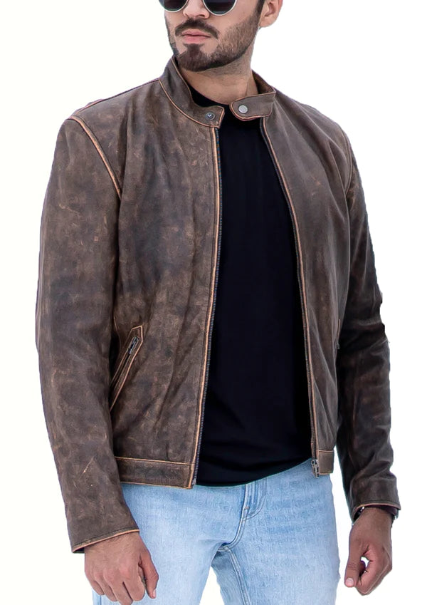 NEW MENS DISTRESSED CAFE RACER BROWN LEATHER JACKET
