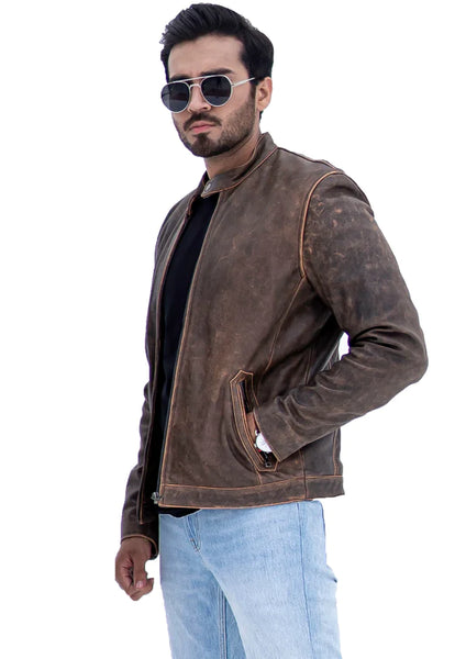 NEW MENS DISTRESSED CAFE RACER BROWN LEATHER JACKET