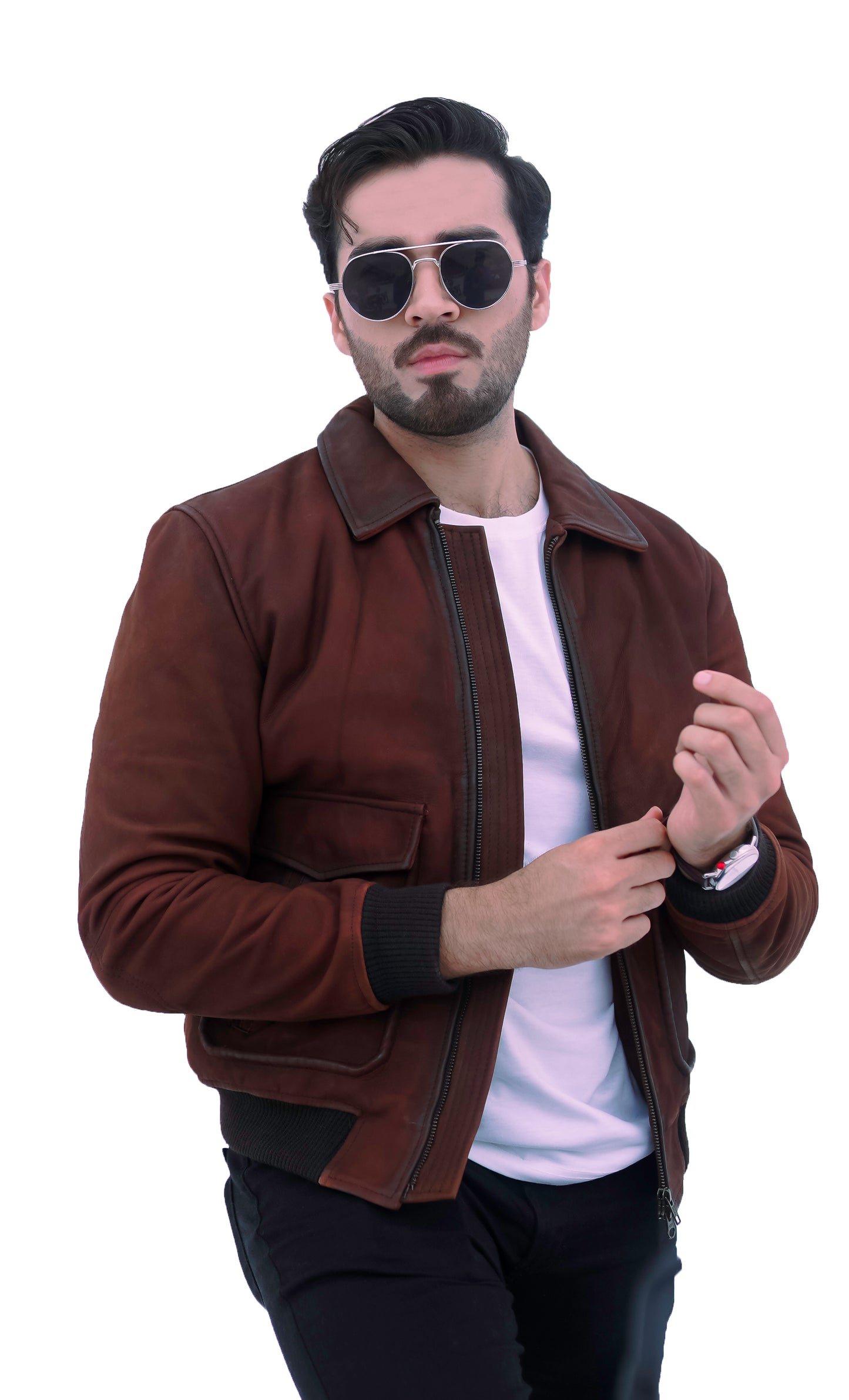 NEW AVIATOR REDISH BROWN COWHIDE NUBUCK SUEDE BOMBER LEATHER JACKET