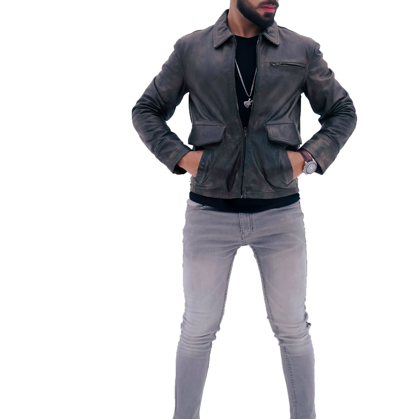 New Men's Aviator Distress Black Grey Real Leather Jacket