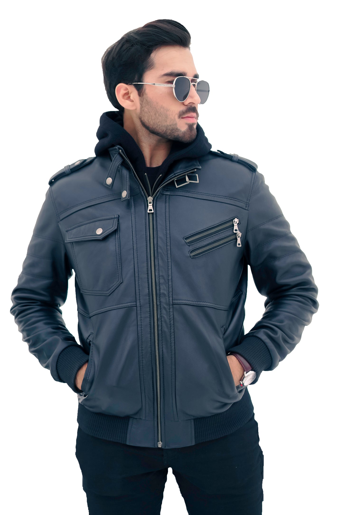 New Men's Genuine Real Leather Black Bomber Winter Hooded Jacket