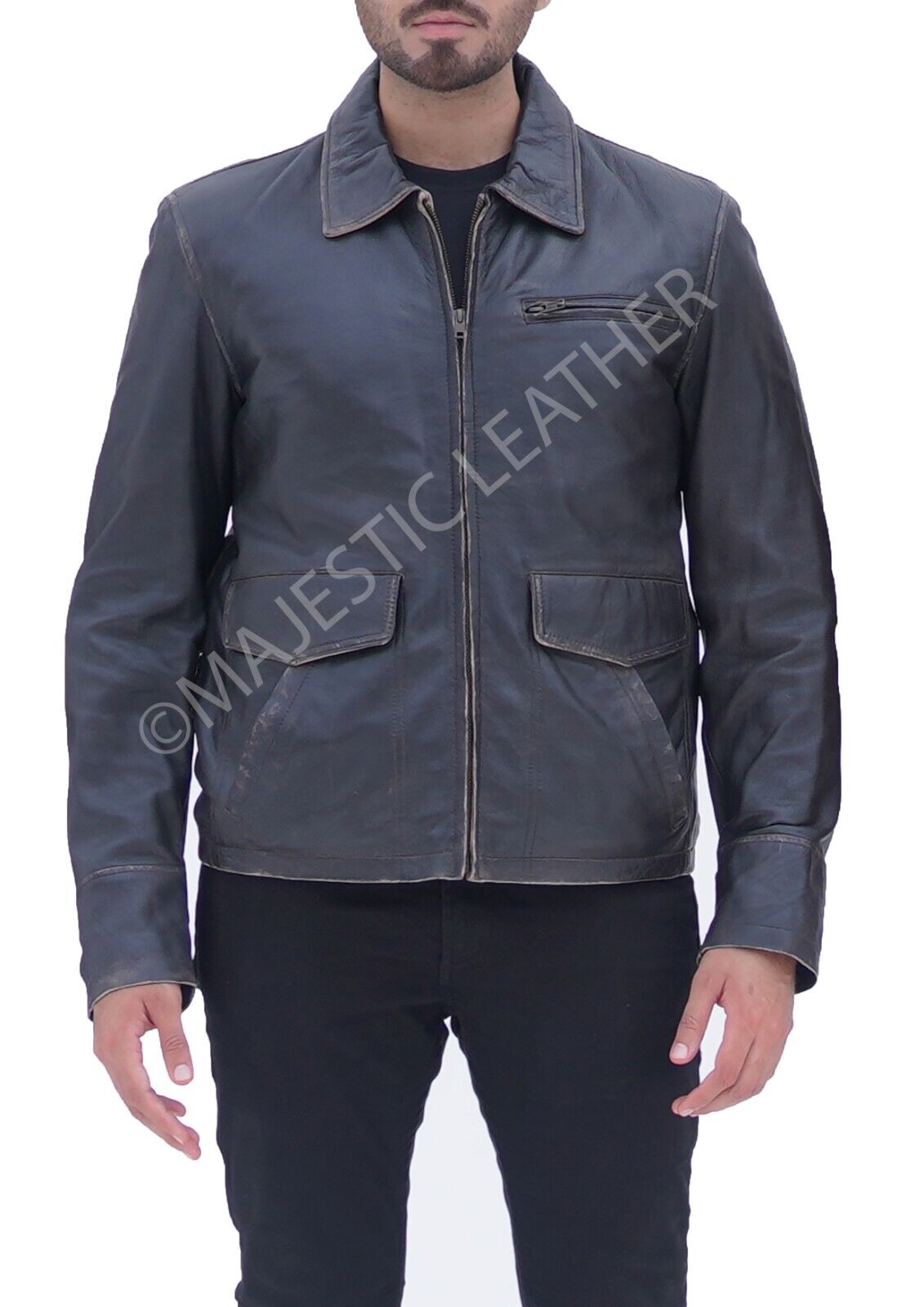 Aviator Distress Black Grey Real Leather Jacket