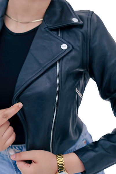 New Women Black Short Slim Fit Biker Style Moto Genuine Leather Jacket