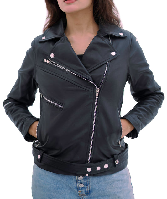 In-dominus Women Brando Real Leather Classic Biker Leather Jacket Soft Lambskin