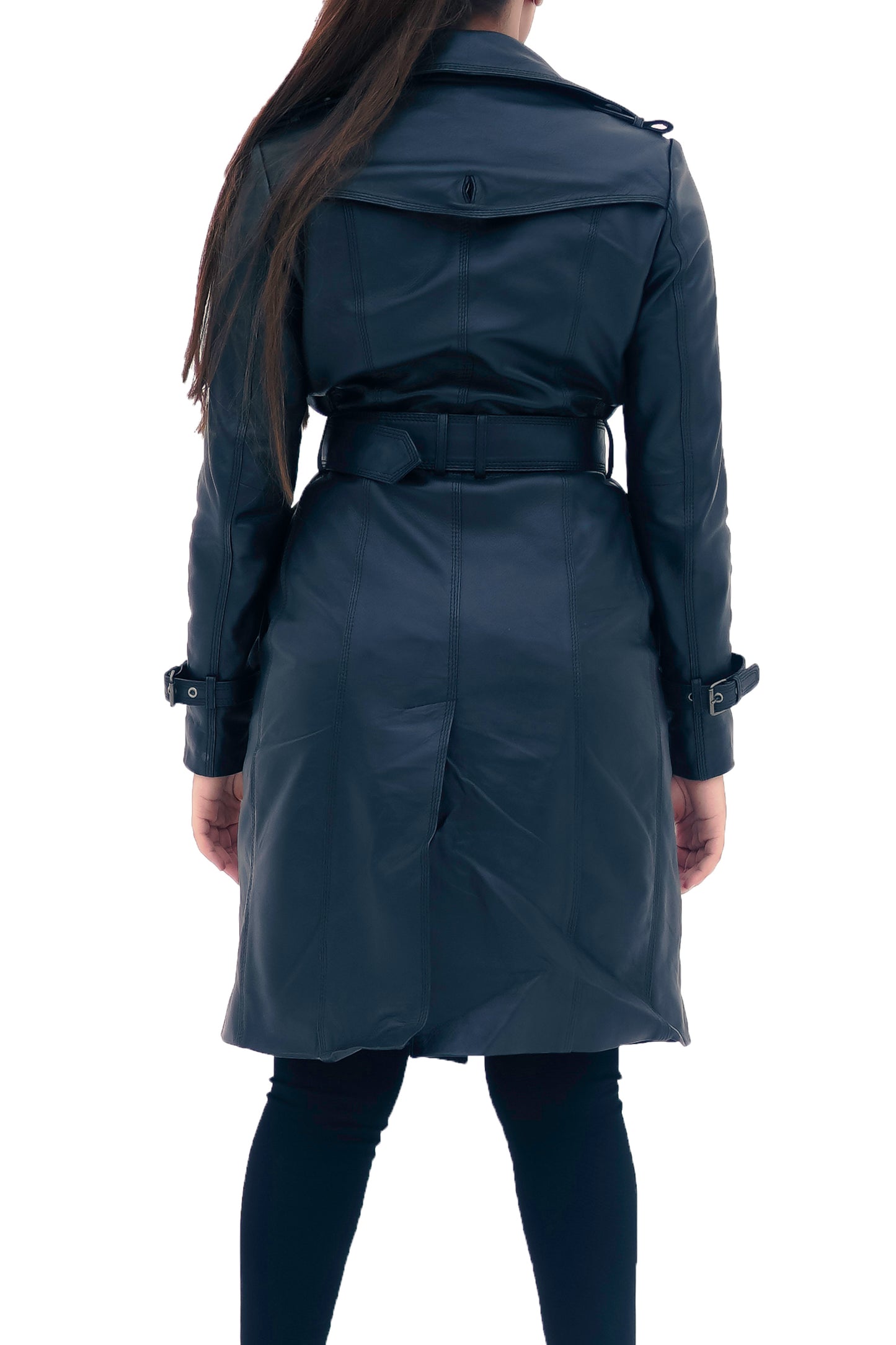 New Ladies Women Black Weather Protective Genuine Real Leather Long Trench Coat