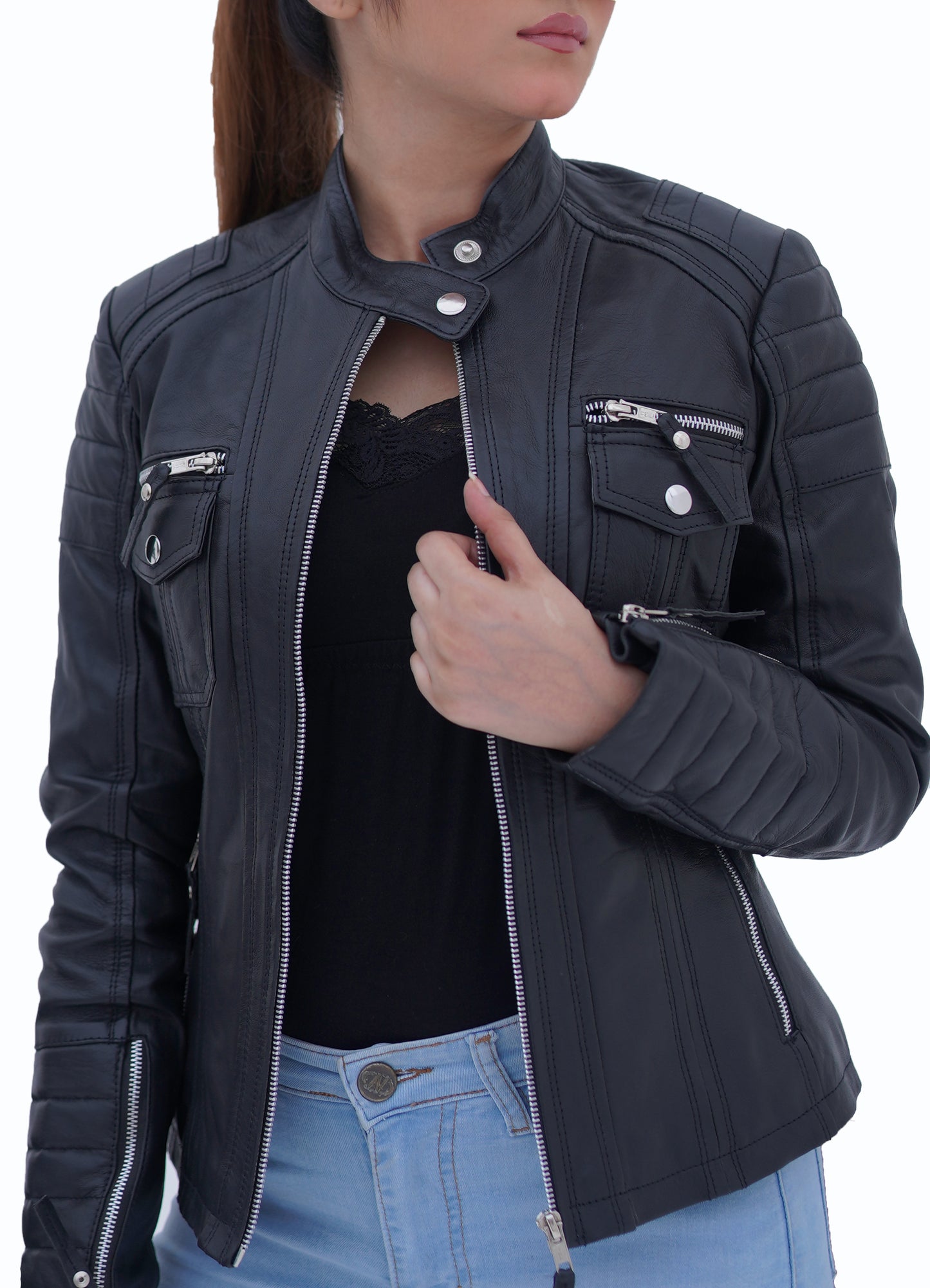 New Dawn Age Women's Black Slim Fit Biker Moto Style Real Leather Jacket