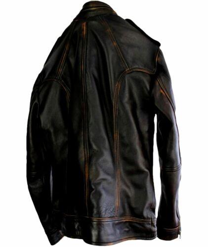 Mens Biker Motorcycle Vintage Cafe Racer Distressed Black Real Leather Jacket