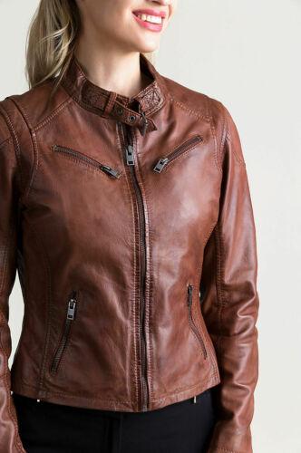 Womens Leather Jacket Genuine Lambskin Real Biker Motorcycle Slim Fit Coat Brown