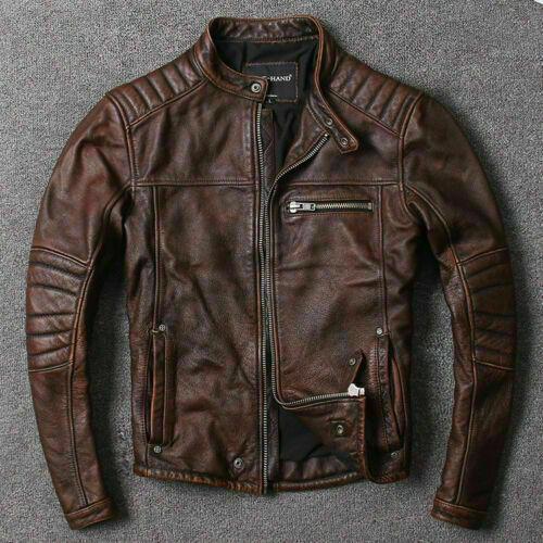 Men Motorcycle Leather Distressed Real Leather Jacket Brown Fashion Biker