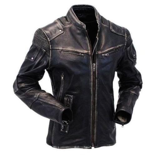 Men's Vintage Wrinkled Shoulder Biker Cafe Racer Distressed black Leather Jacket
