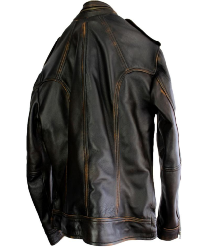 Mens Biker Cafe Racer Vintage Motorcycle Distressed Black Cowhide Leather Jacket