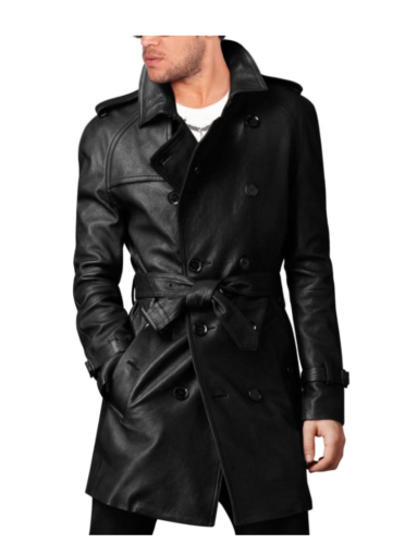 Men's Leather Trench Coat Belted Long Leather Coat Jacket
