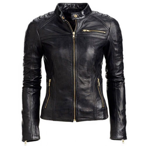 Women's Black Slim Fit Motorcycle Biker Bomber Leather Jacket