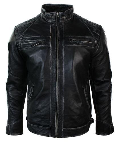 Mens Retro Zipped Biker Jacket Real Leather Black/Brown Rub Off Vintage Style