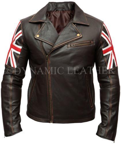 Mens Biker Vintage Distressed Brown Union Jack 2 Cafe Racer Leather Jacket