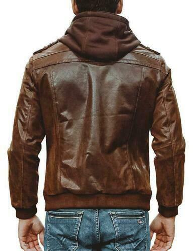 Mens Biker Vintage Brown Motorcycle Cafe Racer Real Leather Detach Hood Jacket
