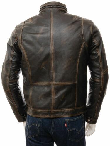 Mens Vintage Distressed Faded Seams Cafe Racer Cowhide Leather Jacket