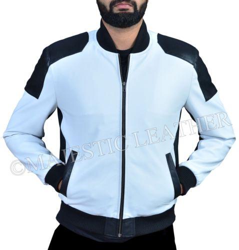Mens Leather Bomber Slim Fit White and Black Real Soft Perforated Leather Jacket