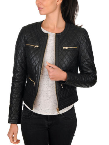 WOMENS QUILTED BIKER JACKET BLACK LEATHER SLIM FIT MOTORCYCLE STYLE JACKET