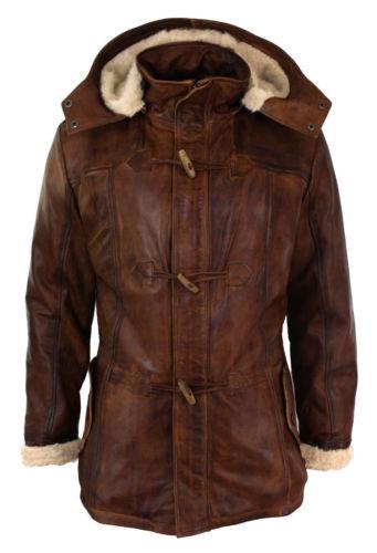 Men's Brown 3/4 Tan Hooded Safari Fur Winter Long Real Leather Jacket