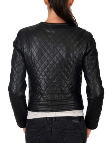 WOMENS QUILTED BIKER JACKET BLACK LEATHER SLIM FIT MOTORCYCLE STYLE JACKET