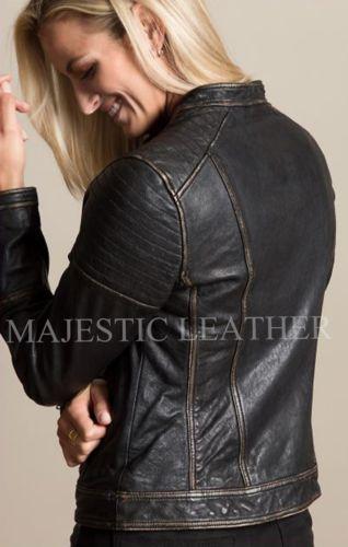 Women's Distressed Black Slim Fit Moto Biker Style Real Leather Jacket-BNWT