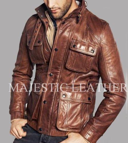 Men's Biker Vintage Antique Brown Studded Pockets Cafe Racer Real Leather Jacket