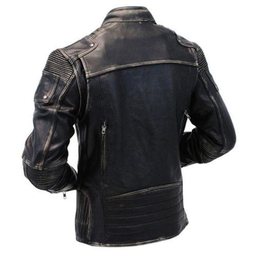 Men's Vintage Wrinkled Shoulder Biker Cafe Racer Distressed black Leather Jacket
