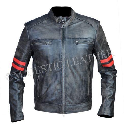 Men's Distressed Black Blooded Stripped Smart Racer Biker Leather Jacket