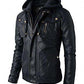 New Men's Motorcycle Brando Style Biker Leather Hoodie Jacket - Detach Hood
