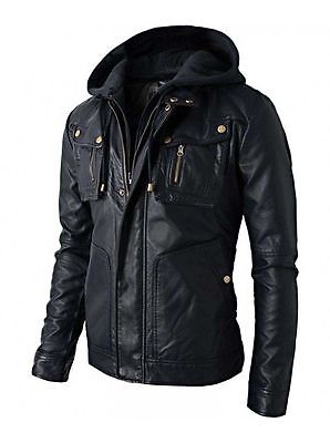 New Men's Motorcycle Brando Style Biker Leather Hoodie Jacket - Detach Hood