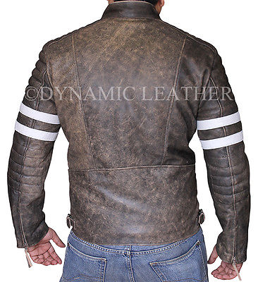 Vintage Fight Club Leather Motorcycle Biker Jackets with white stripes