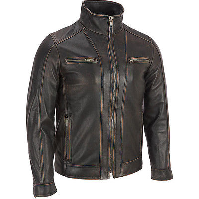 Men's Black Rivet Leather Faded-Seam Jacket Genuine Cowhide Leather