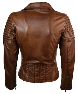 Woman Slim Fit Brown Genuine Real Leather Biker Jacket