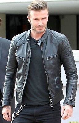 David Beckham Black Motorcycle Genuine Real Leather Slim Fit Biker Jacket