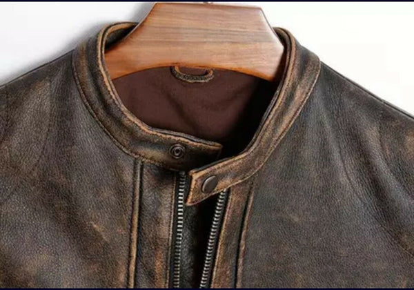 New Men's British Vintage Cowhide Antique Distressed Brown Cafe Racer Leather Jacket