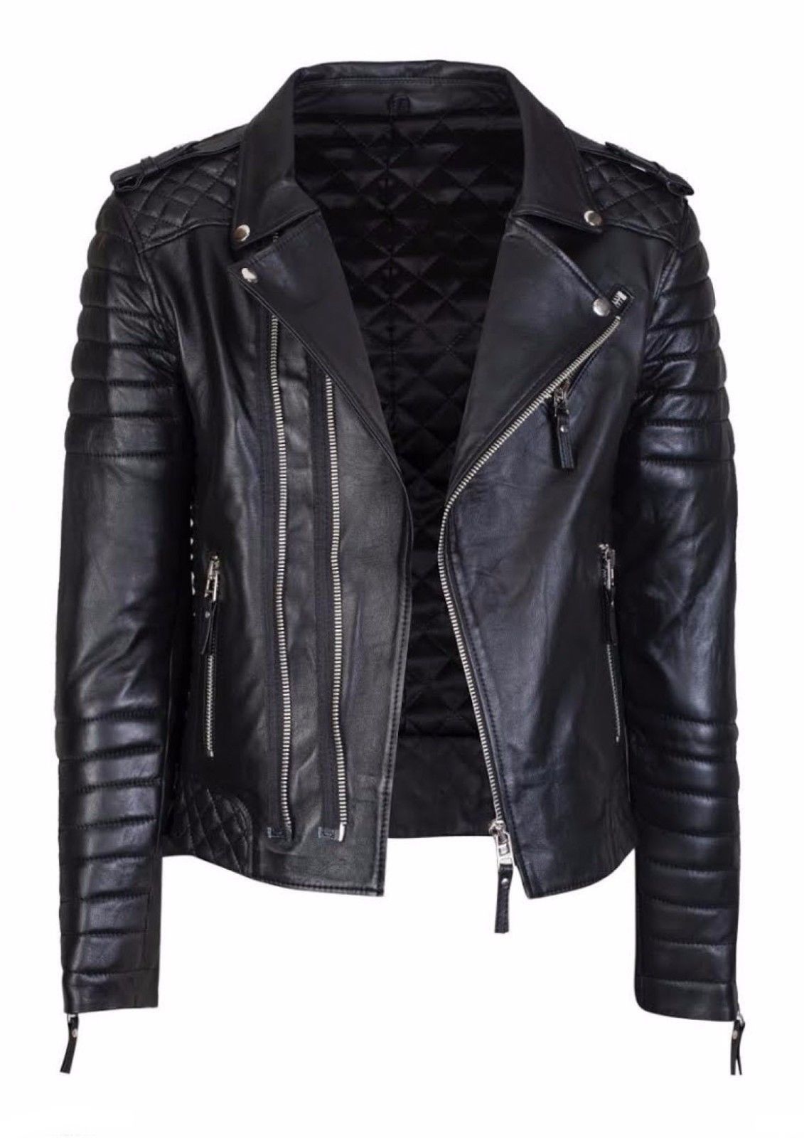 Men's Diamond Quilted Kay Michael Soft Leather Black Slim Fit Biker Jacket-BNWT