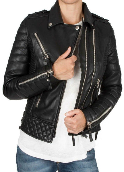 Black Women's Slim Fit Biker Diamond Quilted Kay Michaels Real Leather Jacket