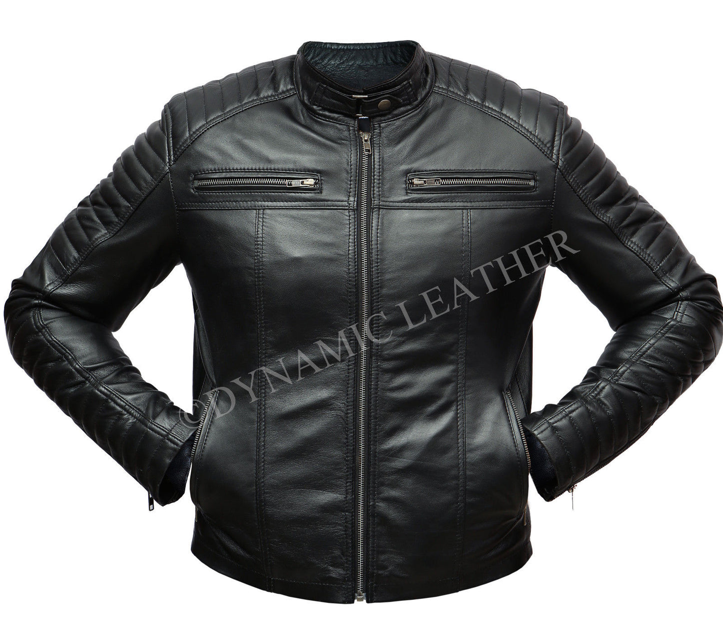 Mens Biker Classic Diamond Racer Black Soft Real Leather Jacket