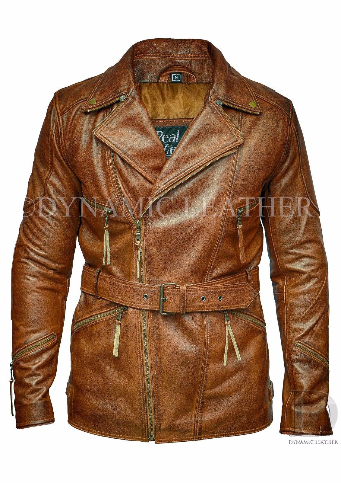 Mens Brown 3/4 Motorcycle Biker Long Cow Hide Leather Jacket