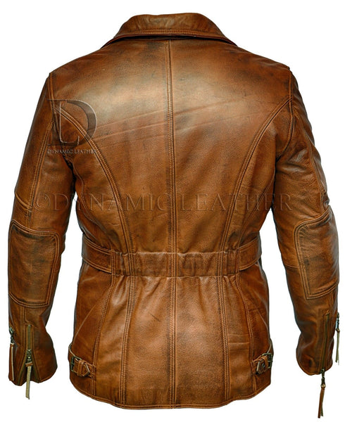 Mens Brown 3/4 Motorcycle Biker Long Cow Hide Leather Jacket