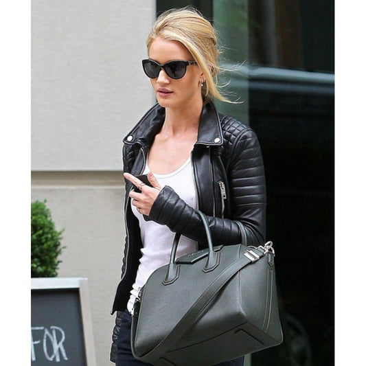 Rosie Huntington Whiteley Black Leather Quilted Jacket For Women
