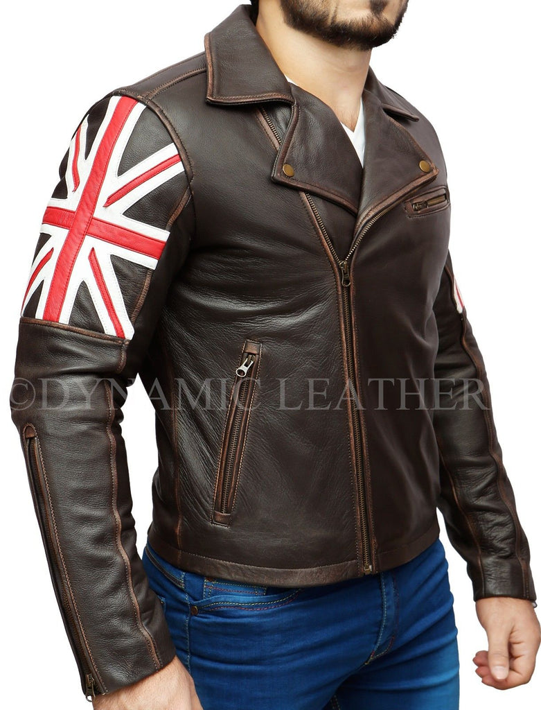 Men's Biker Vintage Distressed Brown Union Jack Racer Leather Jacket