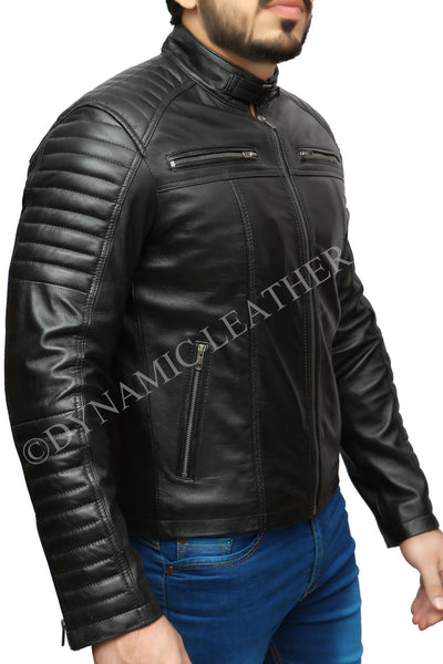 Mens Biker Classic Diamond Racer Black Soft Real Leather Jacket