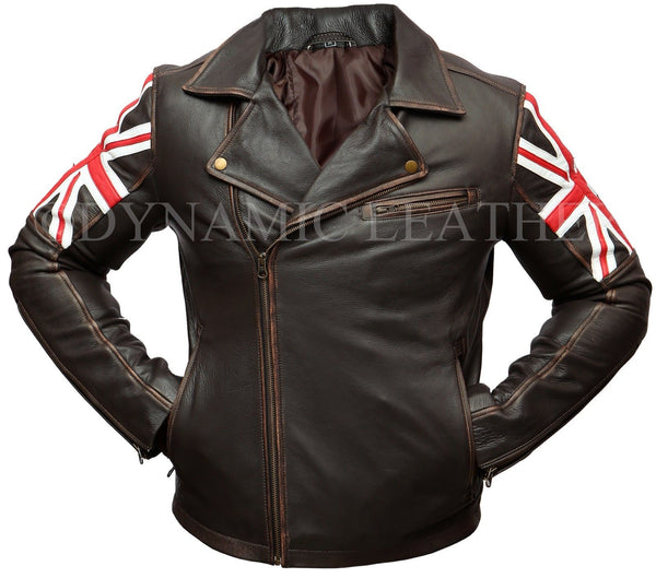 Men's Biker Vintage Distressed Brown Union Jack Racer Leather Jacket