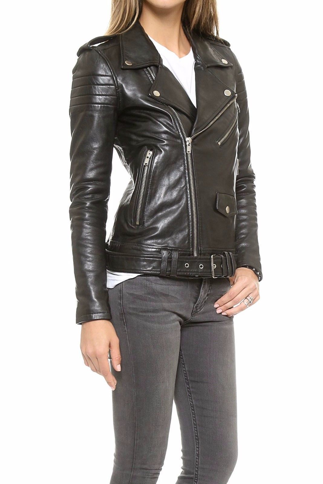Black Women's Slim Fit Biker Style Real Leather Jacket High Quality