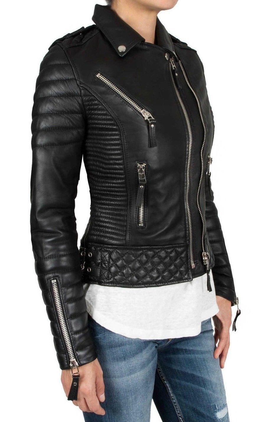 Black Women's Slim Fit Biker Diamond Quilted Kay Michaels Real Leather Jacket